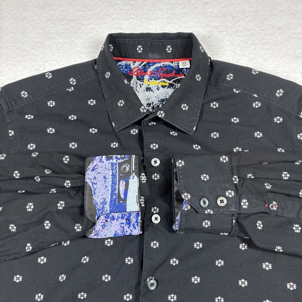 Robert Graham Exclusive Shirt Men's XL Black Geometric AOP Flip Cuff Button Up‎